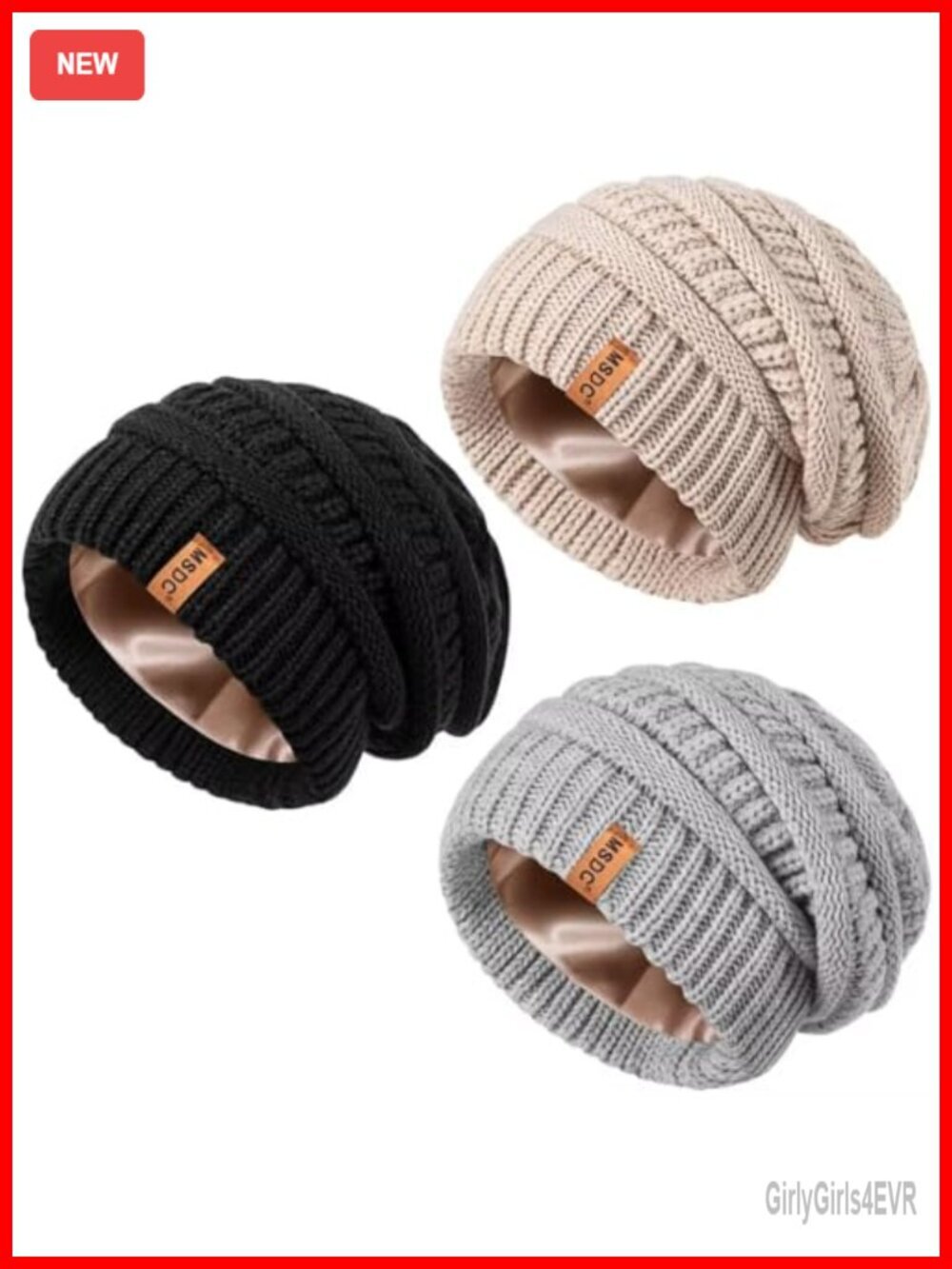 3 Pack Satin Lined Slouchy Beanie Hats for Women Warm Winter Skull Cap